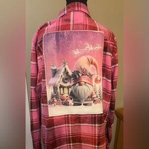 Angry Minnow Pink Plaid Women's Top with Festive Gnome Design - Unisex L